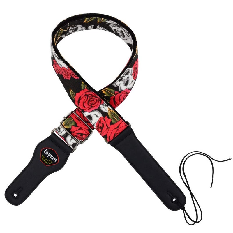 Rayzm Guitar Strap/Bass Strap, Cotton Belt for Acoustic/Electric/Bass Guitar with Plectrum Picks Pocket, Beautiful Rose with Cool Skull Pattern, 5cm Wide - Image 1